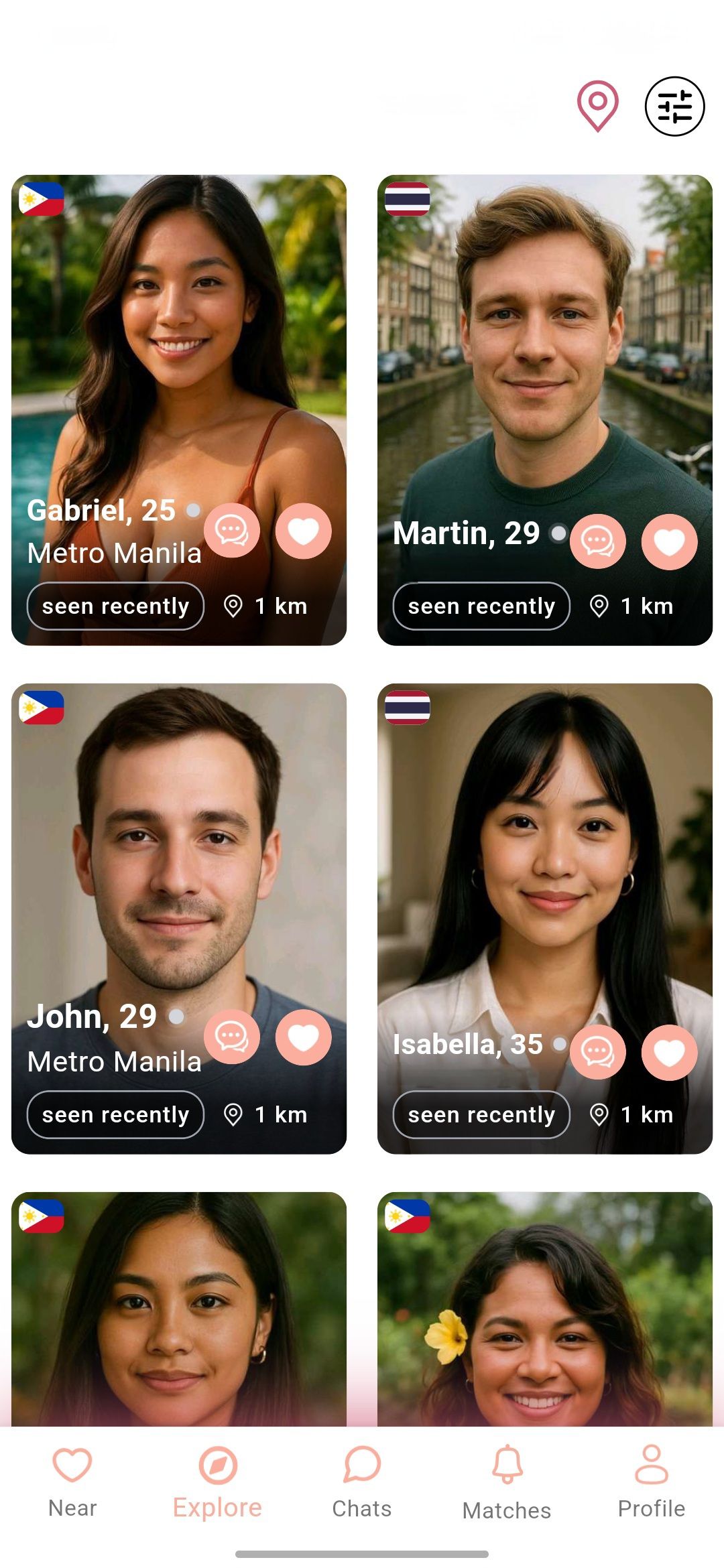 AsiaFlare dating app explore screen, browse singles in Southeast Asia